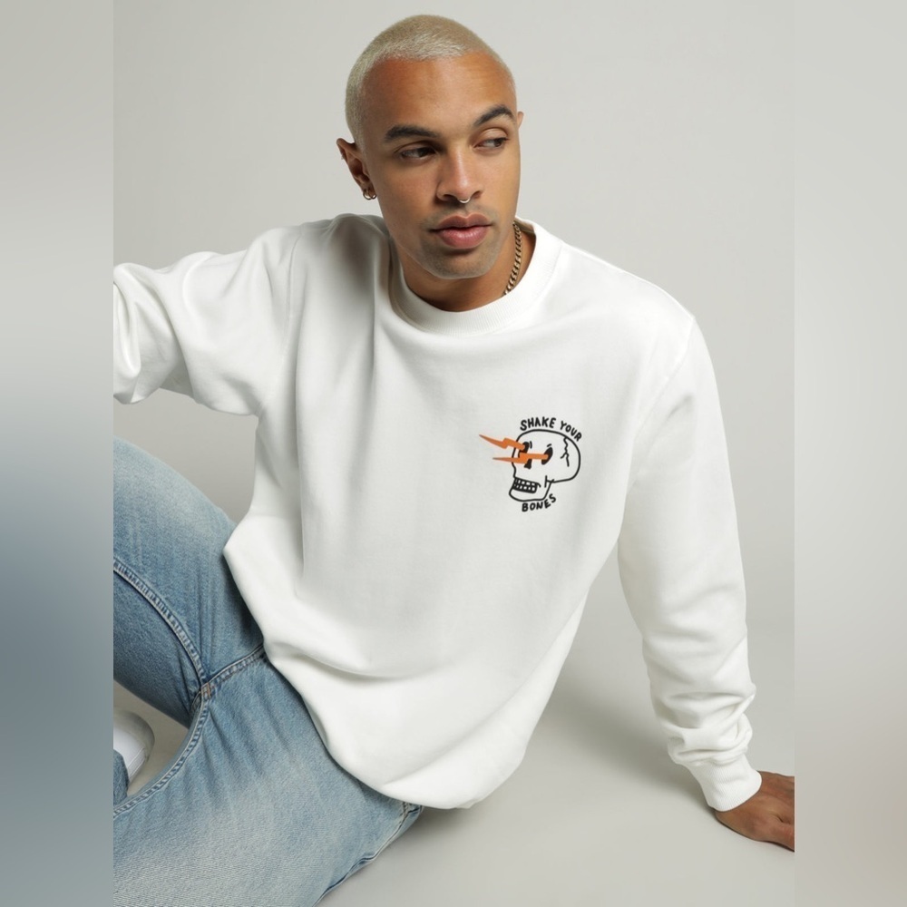Nudie Jeans White Crewneck Sweater with Small Graphic